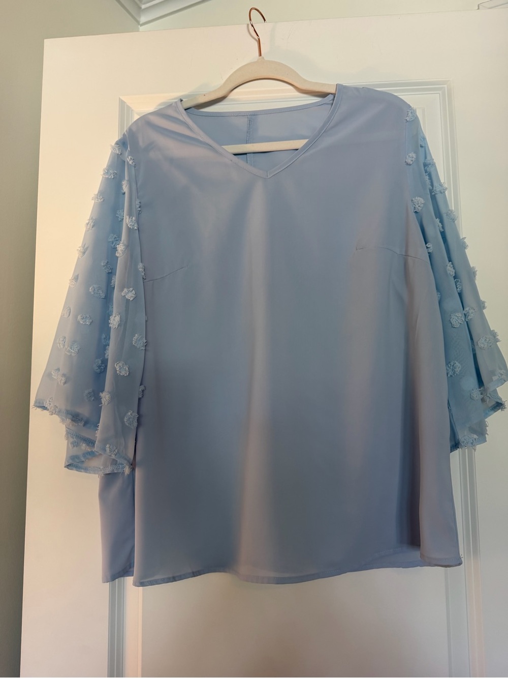 Light Blue V-Neck Chiffon Blouse with Appliqué Sleeves